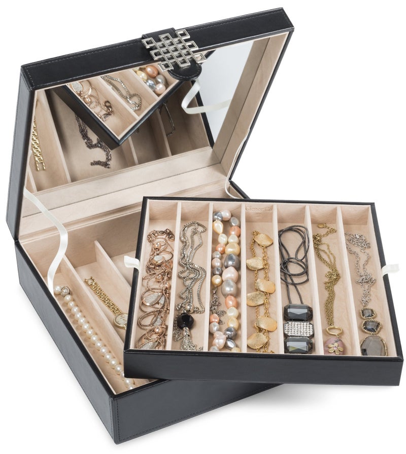 Glenor Co 12 Section Necklace Organizer - Large Mirror - 2 Trays - PU Leather - Black - Jewelry Box - Modern Buckle Closure - Fits Necklace & Bracelet - Jewelry Holder for Women Teens & Girls - Image 1